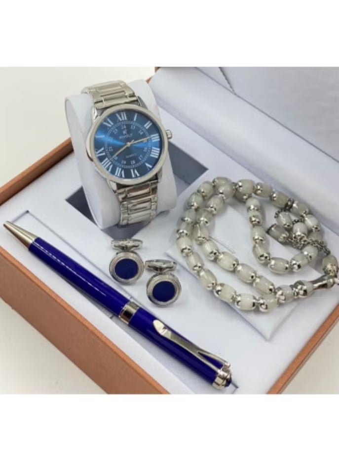 Gift Set Men's Watch Set of 4 Pieces Watch with Pen Set of Buttons and Rosary