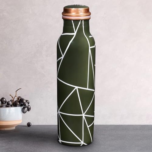 Allo Pure Copper Water Bottle 1 Litre Copper Bottle | Alkaline and Anti Oxidant | 100% Leak Proof, Office, Gym Bottle, Modern Tamba Bottle for Adults, Best Gift for Diwali (Olive Green Abstract Line) - Image 1
