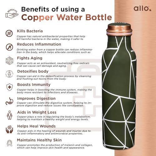 Allo Pure Copper Water Bottle 1 Litre Copper Bottle | Alkaline and Anti Oxidant | 100% Leak Proof, Office, Gym Bottle, Modern Tamba Bottle for Adults, Best Gift for Diwali (Olive Green Abstract Line) - Image 4