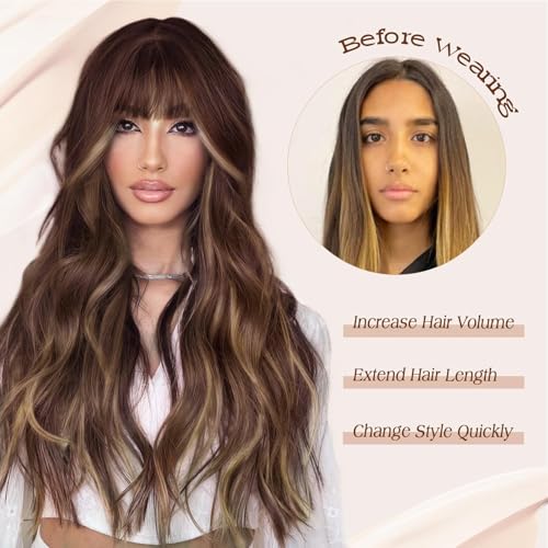 Lativ Brown Wig With Bangs Long Wavy Brown Mixed Blonde Highlight Wig with Dark Roots Ombre Natural Curly Synthetic Resistant Fiber Wigs for Women Daily Party Use 26 Inches - Image 5