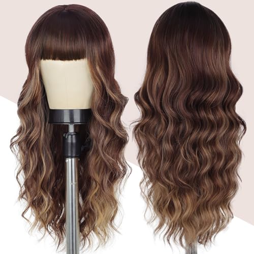 Lativ Brown Wig With Bangs Long Wavy Brown Mixed Blonde Highlight Wig with Dark Roots Ombre Natural Curly Synthetic Resistant Fiber Wigs for Women Daily Party Use 26 Inches - Image 2