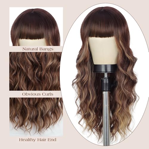 Lativ Brown Wig With Bangs Long Wavy Brown Mixed Blonde Highlight Wig with Dark Roots Ombre Natural Curly Synthetic Resistant Fiber Wigs for Women Daily Party Use 26 Inches - Image 3