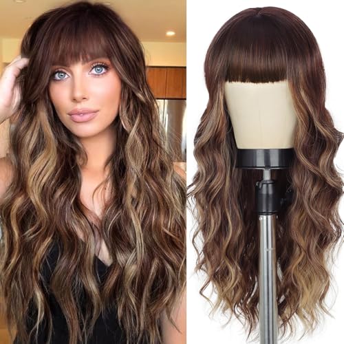 Lativ Brown Wig With Bangs Long Wavy Brown Mixed Blonde Highlight Wig with Dark Roots Ombre Natural Curly Synthetic Resistant Fiber Wigs for Women Daily Party Use 26 Inches - Image 1
