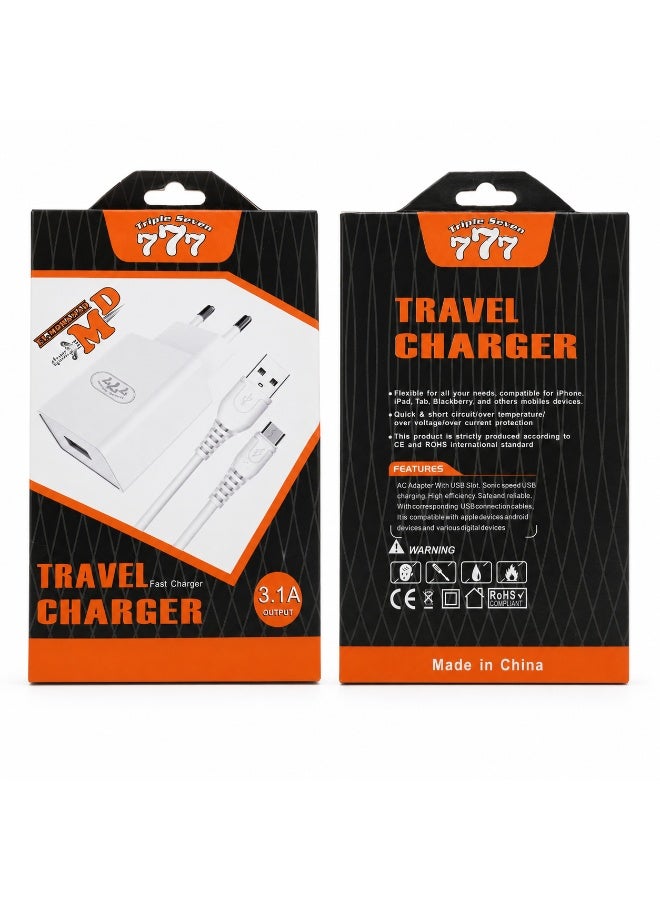 777 شاحن حائط سريع للسفر تريبل سفن (Triple Seven 777) بقوة 3.1 أمبير مع كابل مايكرو (Micro USB) - أبيض - Image 3