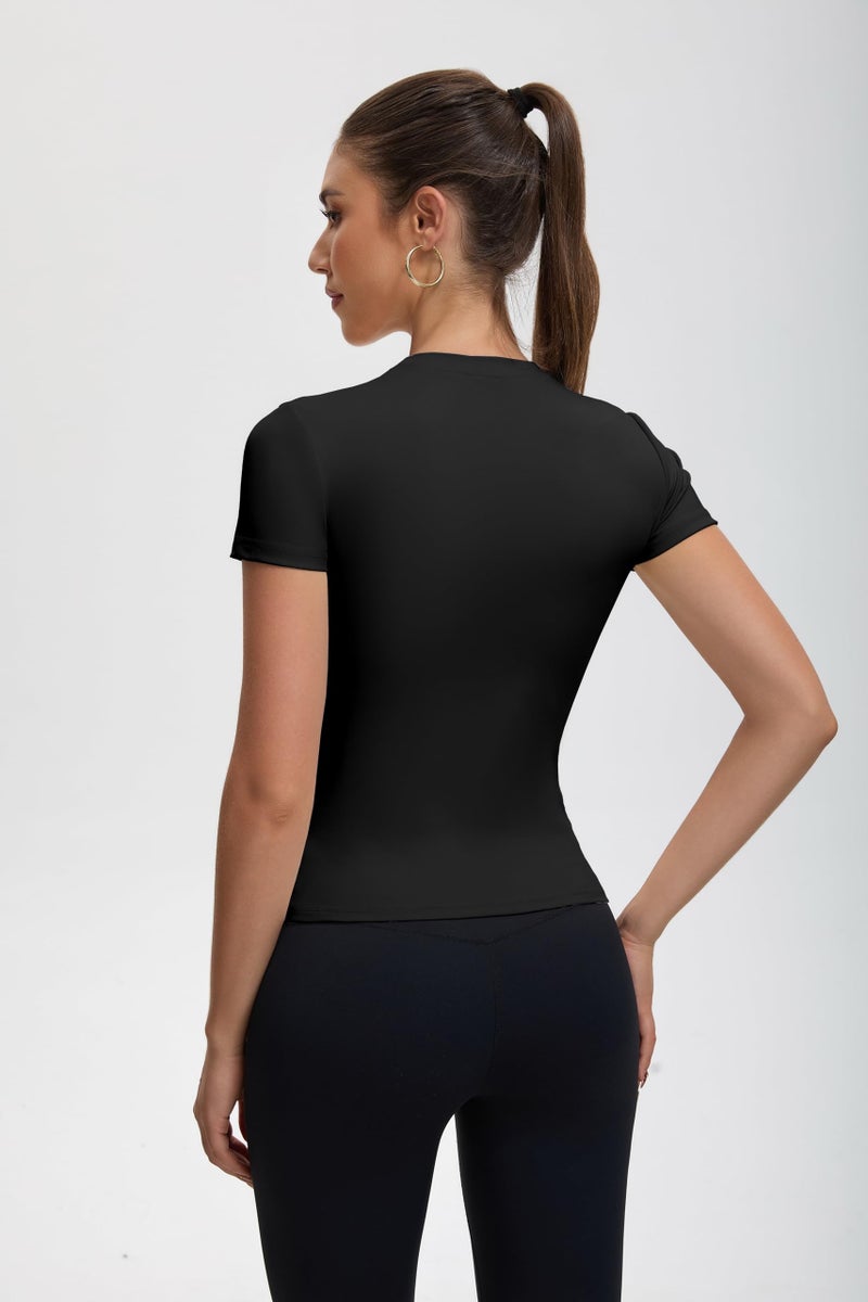 BJY Womens Black Workout Compression Shirts,Athletic Quick Dry Yoga Gym Pilates Shapewear Tops,Cute Crop Y2K Short Sleeve Clothes - Image 5