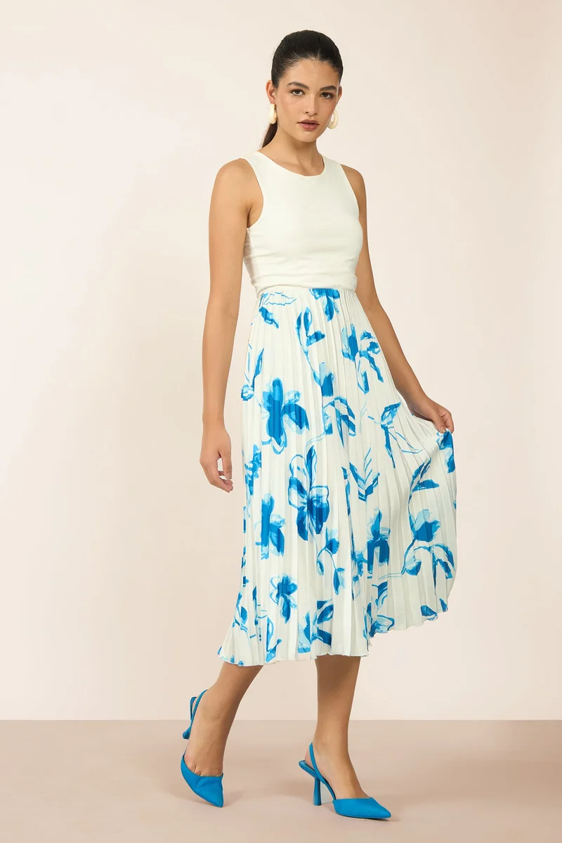 فيرجيو Satin Rescued Brunchwear Printed Accordian Midi Skirts for Women