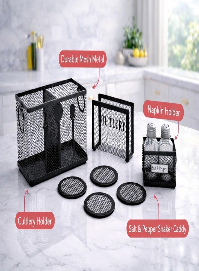 De Casa Decor طقم منظم مطبخ معدني | حامل أدوات المائدة، حامل مناديل، رف ملح وفلفل، وقواعد أكواب | طقم منظم طاولة طعام (أسود) - Image 2