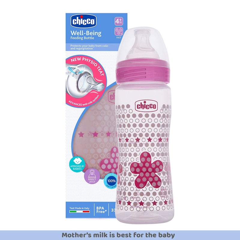 Chicco Well-Being 330 ml Feeding Bottle, Advanced Anti-Colic System, BPA Free, Hygienic Silicone Teat (Pink) - Image 2