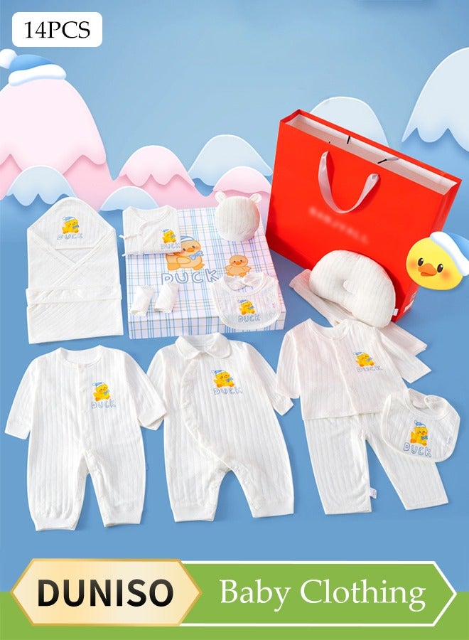 DUNISO 14 Pcs Newborn Baby Gift Set, High End Cotton Baby Clothing, Equipped With Clothes And Baby Supplies, Comfortable And Breathable,Suitable For Summer Use, Suitable For Babies Up To 66cm In Height - Image 1