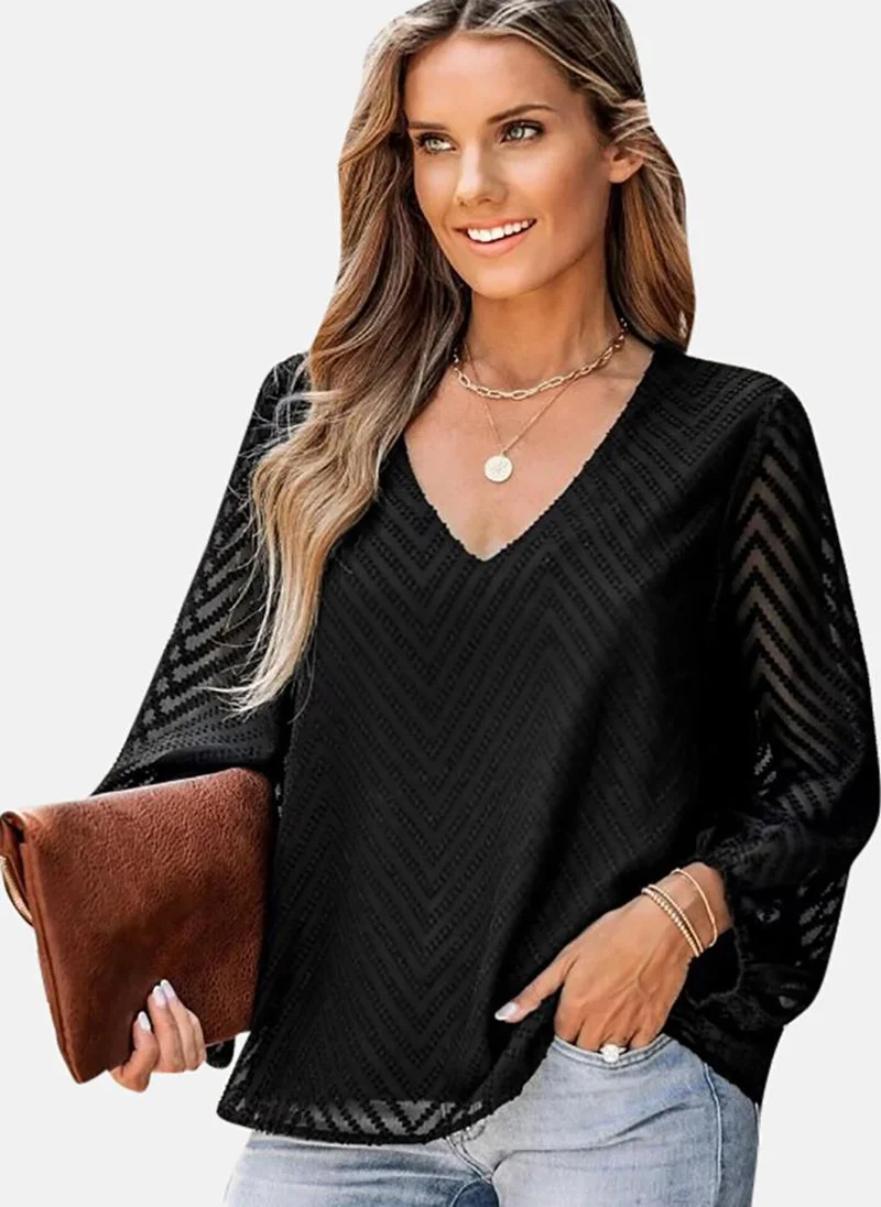 يونيكي Black Textured Long Sleeve V Neck Tunics