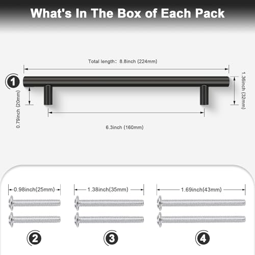 Probrico 5 Pack Hole Centers(160mm) 6.25inch Matte Black Kitchen Cabinet Handles,Stainless Steel Dresser Drawer Pulls, 8.8inch Length Pull Handle for Cabinets - Image 3