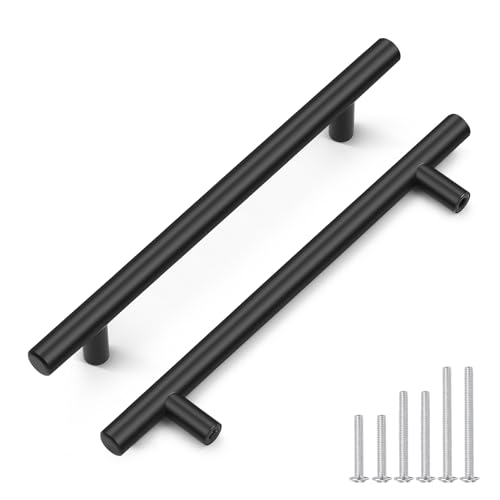 Probrico 5 Pack Hole Centers(160mm) 6.25inch Matte Black Kitchen Cabinet Handles,Stainless Steel Dresser Drawer Pulls, 8.8inch Length Pull Handle for Cabinets - Image 1