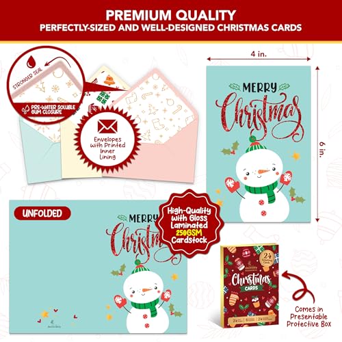 Decorably 24 Pack Foiled & Glittery 6x4in Assorted Box Christmas Cards with Envelopes and Stickers, 24 Festive Designs Christmas Card Set with Printed Message Inside - Image 3