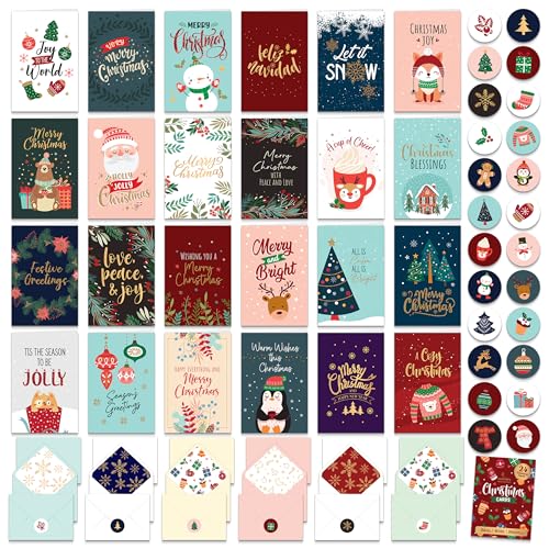Decorably 24 Pack Foiled & Glittery 6x4in Assorted Box Christmas Cards with Envelopes and Stickers, 24 Festive Designs Christmas Card Set with Printed Message Inside - Image 1