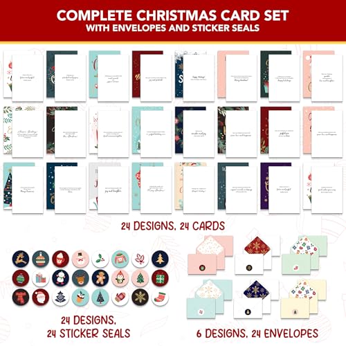 Decorably 24 Pack Foiled & Glittery 6x4in Assorted Box Christmas Cards with Envelopes and Stickers, 24 Festive Designs Christmas Card Set with Printed Message Inside - Image 2