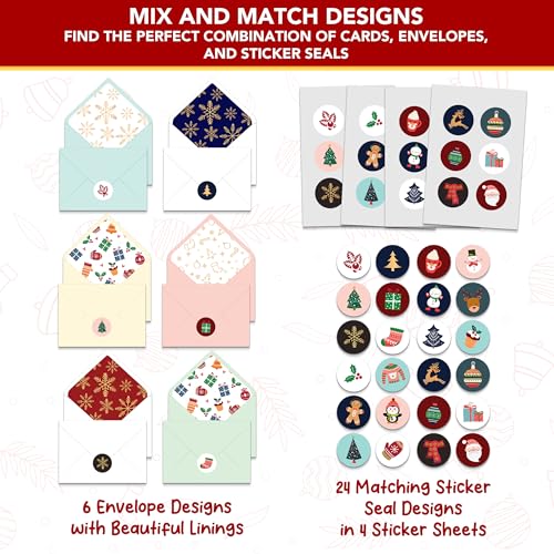 Decorably 24 Pack Foiled & Glittery 6x4in Assorted Box Christmas Cards with Envelopes and Stickers, 24 Festive Designs Christmas Card Set with Printed Message Inside - Image 5