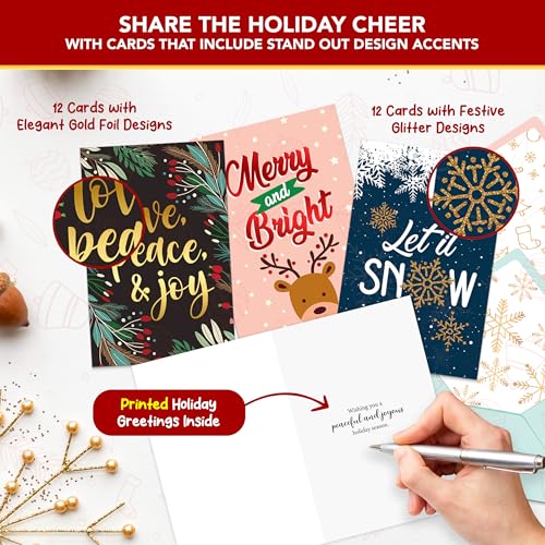 Decorably 24 Pack Foiled & Glittery 6x4in Assorted Box Christmas Cards with Envelopes and Stickers, 24 Festive Designs Christmas Card Set with Printed Message Inside - Image 4