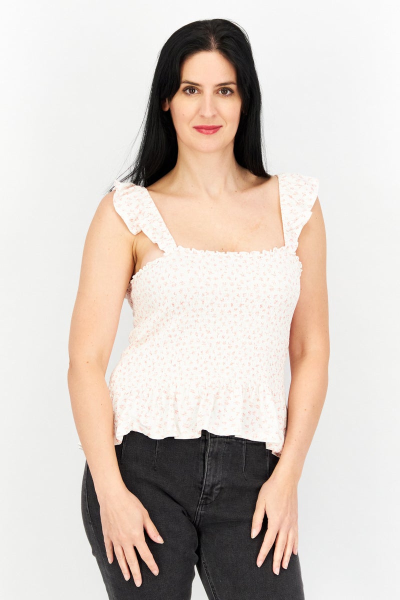 FOREVER 21 بلوزة نسائية بلس سايز بأكمام مرفرفة وياقة مربعة مزينة بالزهور، مجموعة بيضاء - Image 1