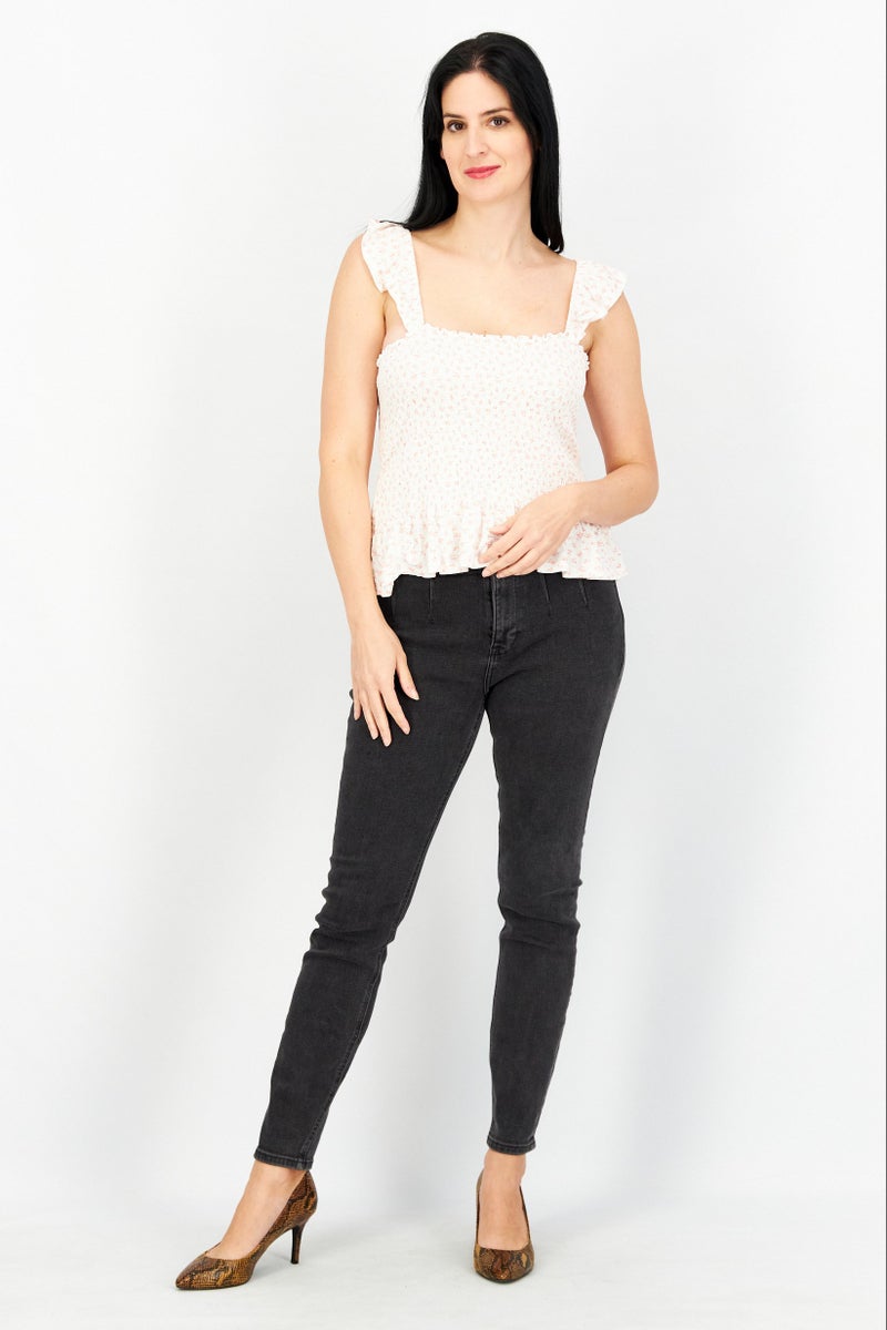 FOREVER 21 بلوزة نسائية بلس سايز بأكمام مرفرفة وياقة مربعة مزينة بالزهور، مجموعة بيضاء - Image 3