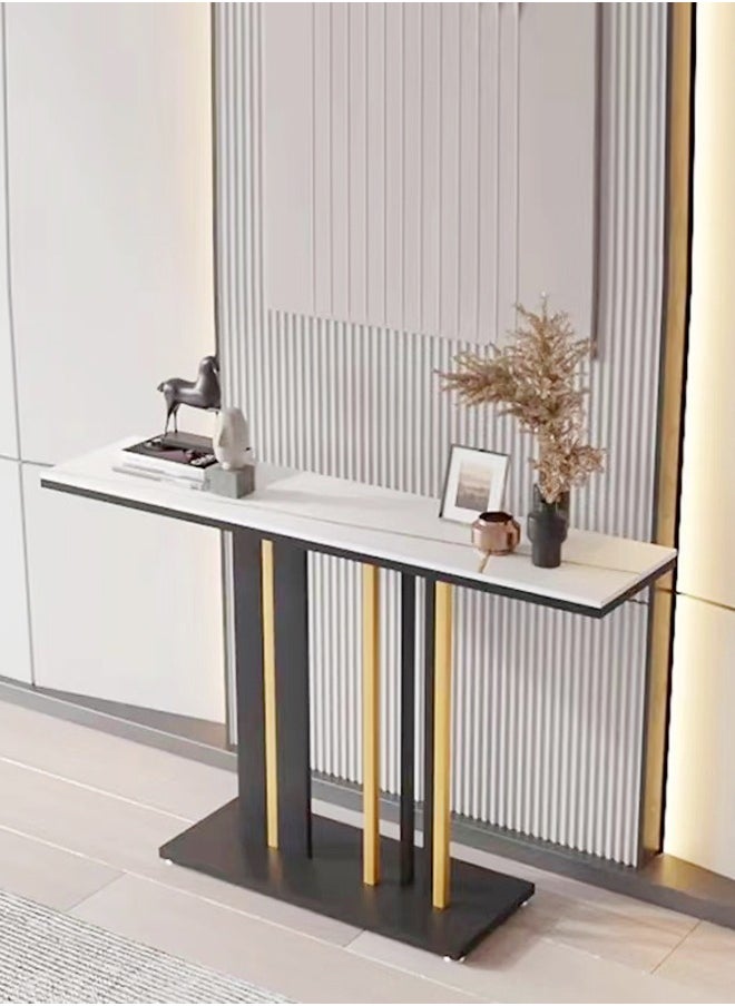 Raffine Modern Design Rock Slab Console Table Black Sintered Stone Entryway Table Black and Gold Geometric Line Pedestal for Foyer Living Room Offices 100x30x80 cm  - Image 2
