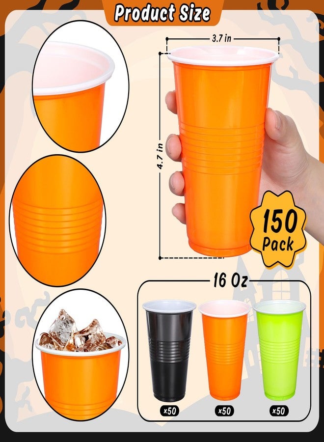 JarThenaAMCS 150Pcs 16oz Disposable Halloween Drinking Cups Black Orange Green Plastic Cups Stackable Party Cups for Indoor Outdoor Events Supplies - Image 2