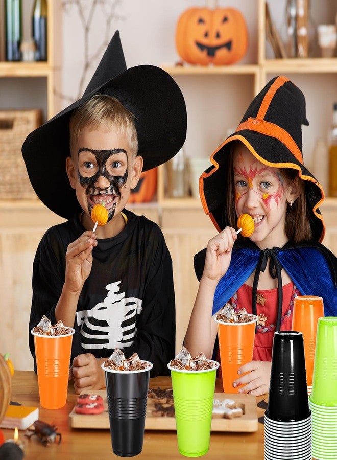 JarThenaAMCS 150Pcs 16oz Disposable Halloween Drinking Cups Black Orange Green Plastic Cups Stackable Party Cups for Indoor Outdoor Events Supplies - Image 4