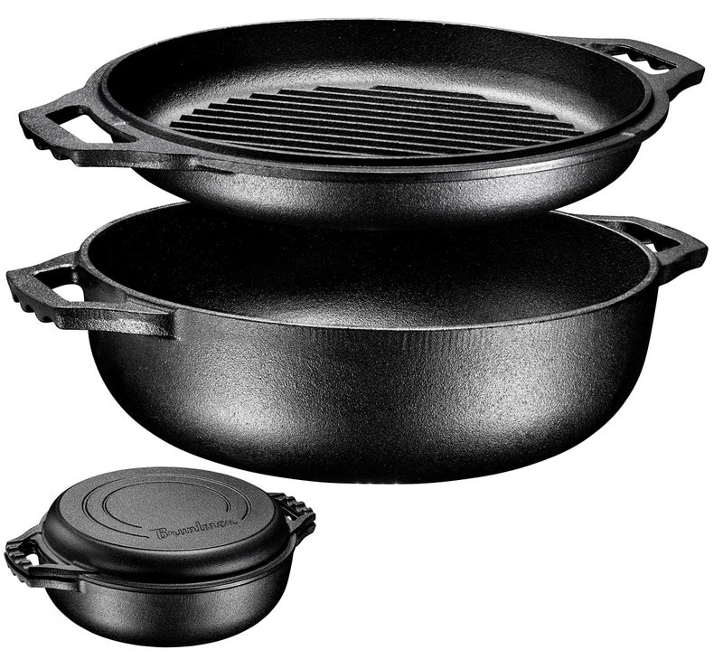 Bruntmor Bruntmor 2in1 PreSeasoned Cast Iron Dutch Oven with Dual Handles Cocotte Double Braiser Pan with Grill Lid 33 Quarts  BBQ Grill Fryer  Outdoor Cookware Set with Dual Handles Camping Black