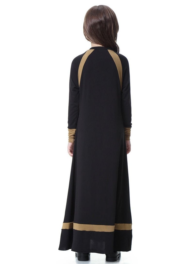 إسكدنيا Girls Round Neck Maxi Dress With Long Sleeves Black/Brown  - Image 2