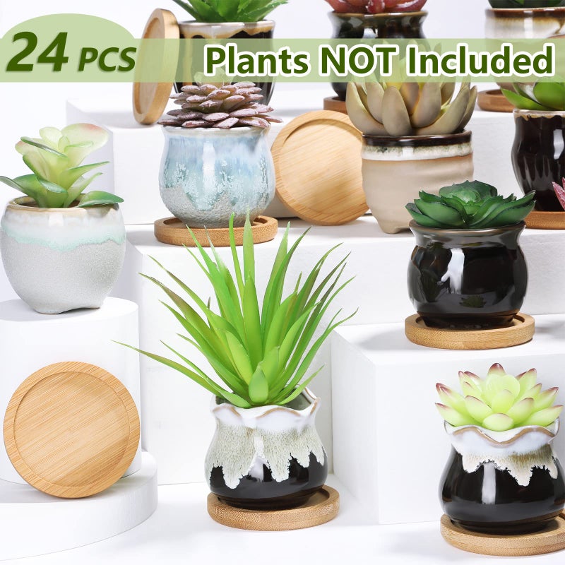 Remerry 24 Pcs Small Succulent Pots Bulk with Drainage Assorted 2.5 Inch Mini Ceramic Succulent Planters Pot with Coaster Bamboo Plant Tray Planting Pots for Home Office Garden (Rich Color) - Image 4