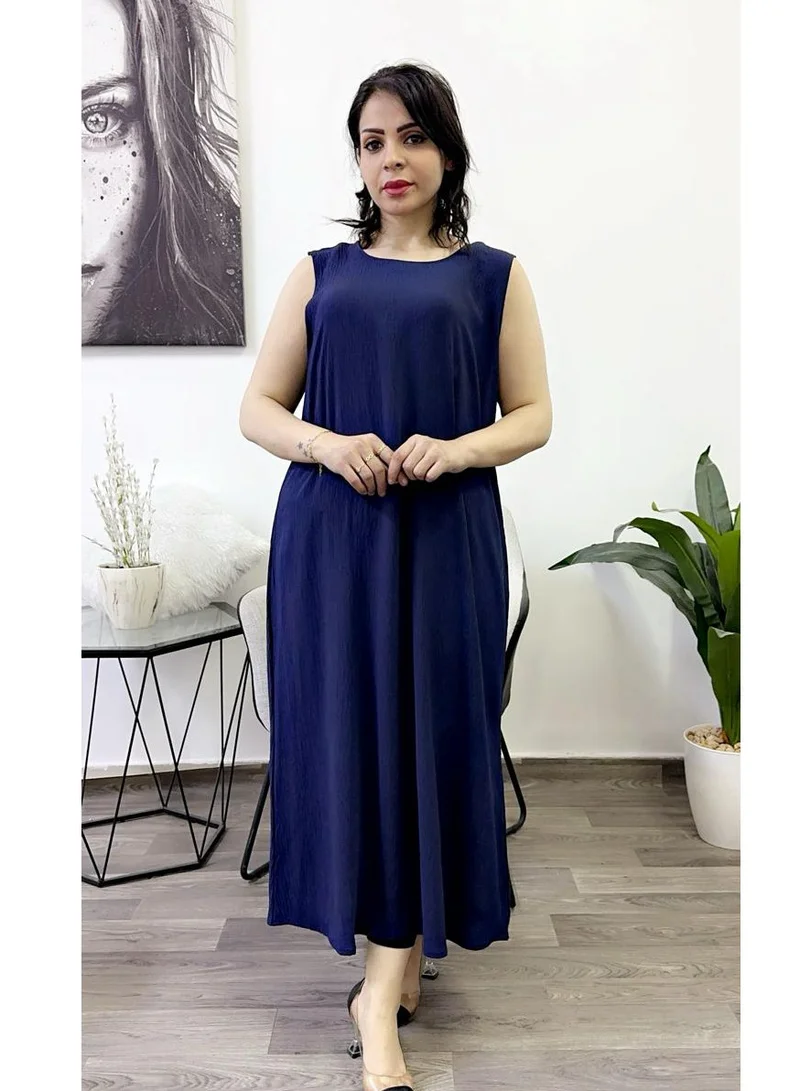 فاشون لاين Fashionline كم دائري الرقبة أقل فوستان الأزرق