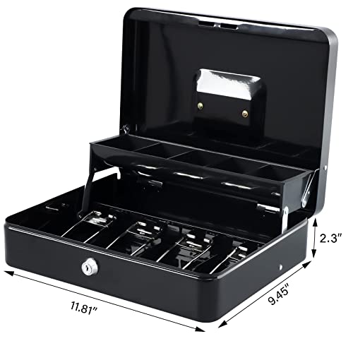 KYODOLED Cash Box with Money Tray, Key Lock Money Safe with Security Cable and Waterproof Bag, 11.81L*9.45W*3.54H inch, Black X Large - Image 4