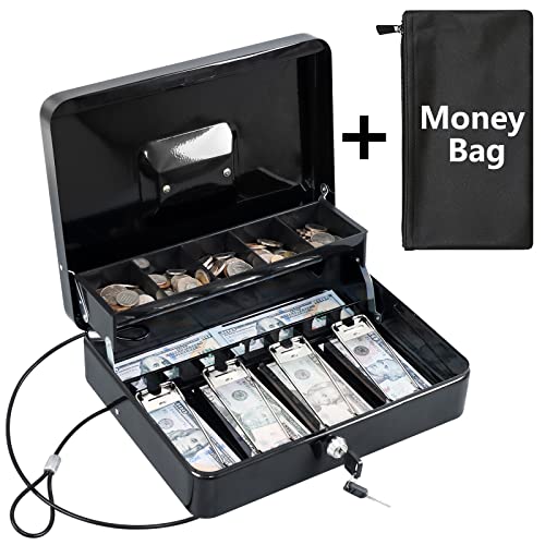 KYODOLED Cash Box with Money Tray, Key Lock Money Safe with Security Cable and Waterproof Bag, 11.81L*9.45W*3.54H inch, Black X Large - Image 1