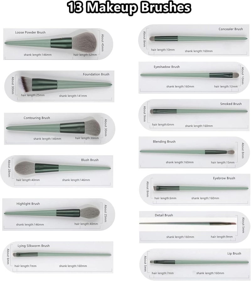 ASOMA 13 Pcs Makeup Brushes Set Foundation Powder Concealer Eyeshadow Blush Highlighter Eyebrow Brush Make up Brush Set Travel Brushes with Cloth Bag for Beginner and Artist Green - Image 4