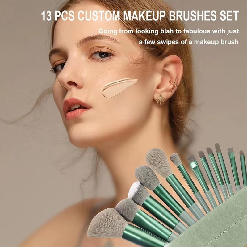 ASOMA 13 Pcs Makeup Brushes Set Foundation Powder Concealer Eyeshadow Blush Highlighter Eyebrow Brush Make up Brush Set Travel Brushes with Cloth Bag for Beginner and Artist Green - Image 5