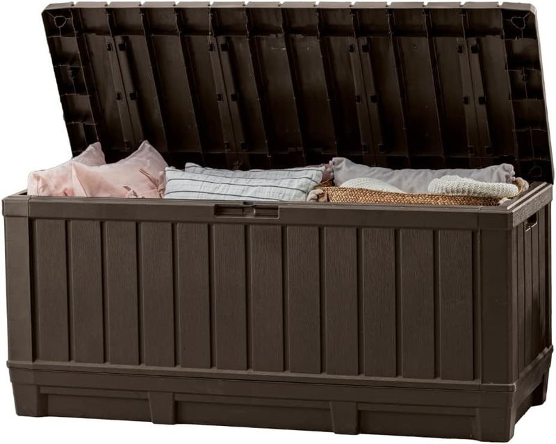 Keter Kentwood 92 Gallon Resin Deck Box-Organization and Storage for Patio Furniture Outdoor Cushions, Throw Pillows, Garden Tools and Pool Floats, Brown - Image 1