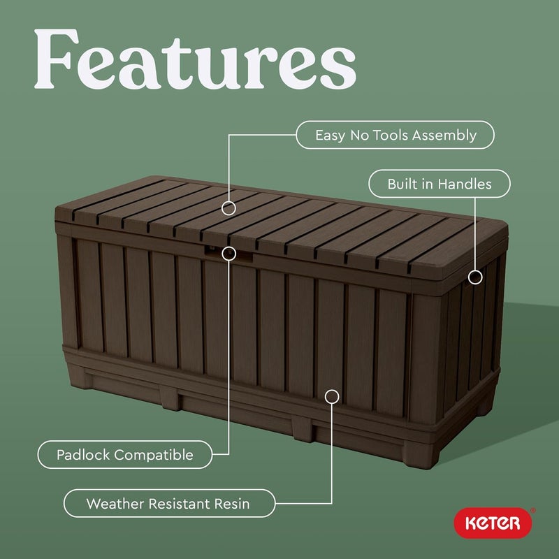 Keter Kentwood 92 Gallon Resin Deck Box-Organization and Storage for Patio Furniture Outdoor Cushions, Throw Pillows, Garden Tools and Pool Floats, Brown - Image 3