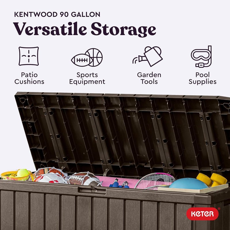 Keter Kentwood 92 Gallon Resin Deck Box-Organization and Storage for Patio Furniture Outdoor Cushions, Throw Pillows, Garden Tools and Pool Floats, Brown - Image 4