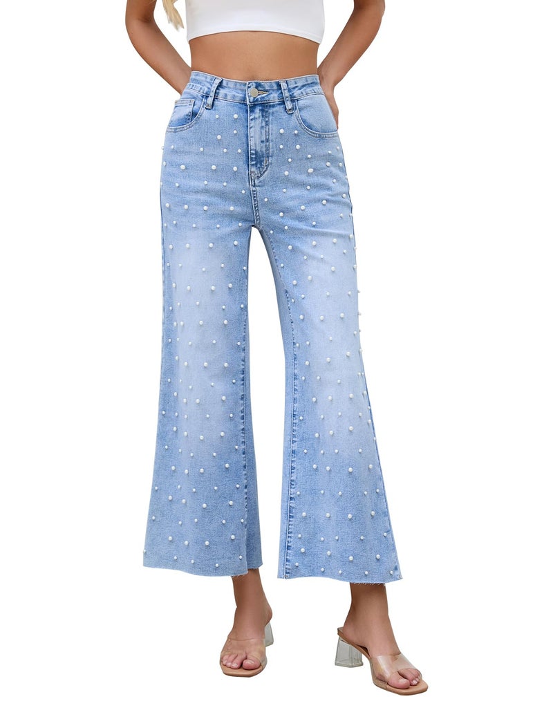 Kedera Womens Wide Leg Pearl Jeans High Waisted Cropped Denim Pants Casual Embellished Jeans with Raw Hem Light Blue - Image 1