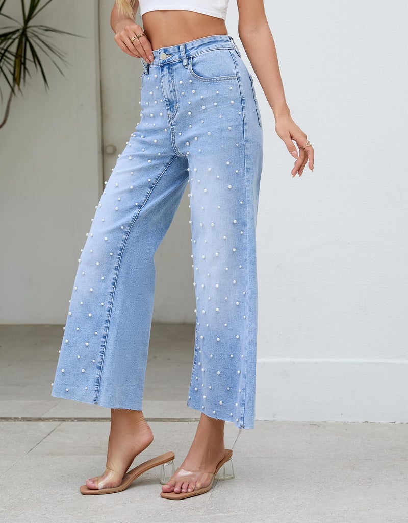Kedera Womens Wide Leg Pearl Jeans High Waisted Cropped Denim Pants Casual Embellished Jeans with Raw Hem Light Blue - Image 4