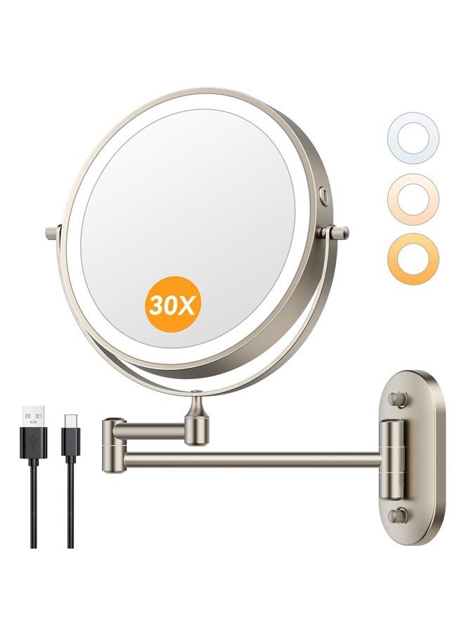 Auxmir 8" Wall Mounted Lighted Makeup Mirror, 3200mAh Rechargeable Double Sided 1X/30X Magnifying Mirror, Nikel - Image 1