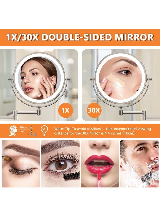 Auxmir 8" Wall Mounted Lighted Makeup Mirror, 3200mAh Rechargeable Double Sided 1X/30X Magnifying Mirror, Nikel - Image 2