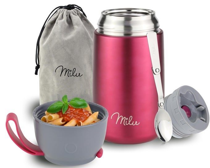 FOOD FLASK FOR HOT FOOD 800ML LEAKPROOF INSULATED STAINLESS STEEL THERMAL LUNCH BOX SOUP CONTAINER WITH SPOON BPAFREE TO GO MEAL PREP PORRIDGE BERRY 800ML