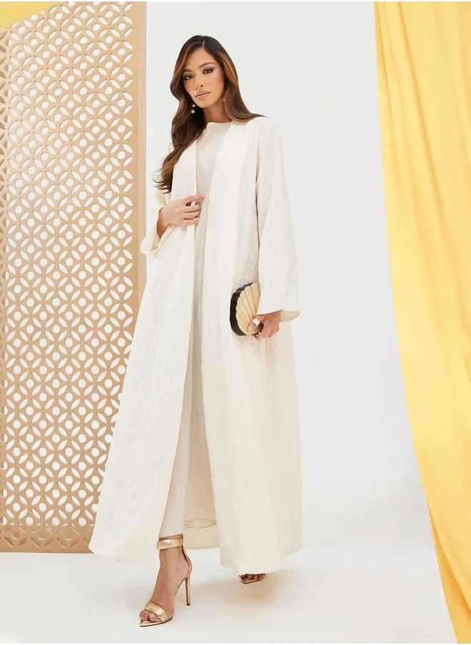 Styli Jacquard Collarless Abaya with Snap-Button Closure