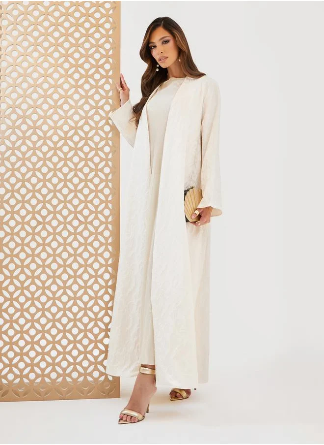 Styli Jacquard Collarless Abaya with Snap-Button Closure