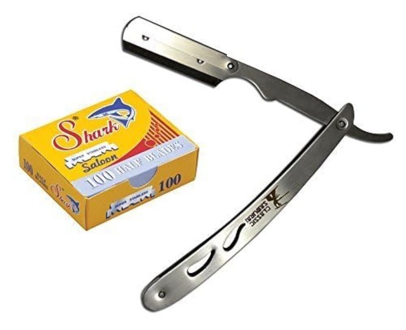 CS102 Stainless Steel Professional Barber Straight Edge Razor with 100 Count Single Edge Razor Blades
