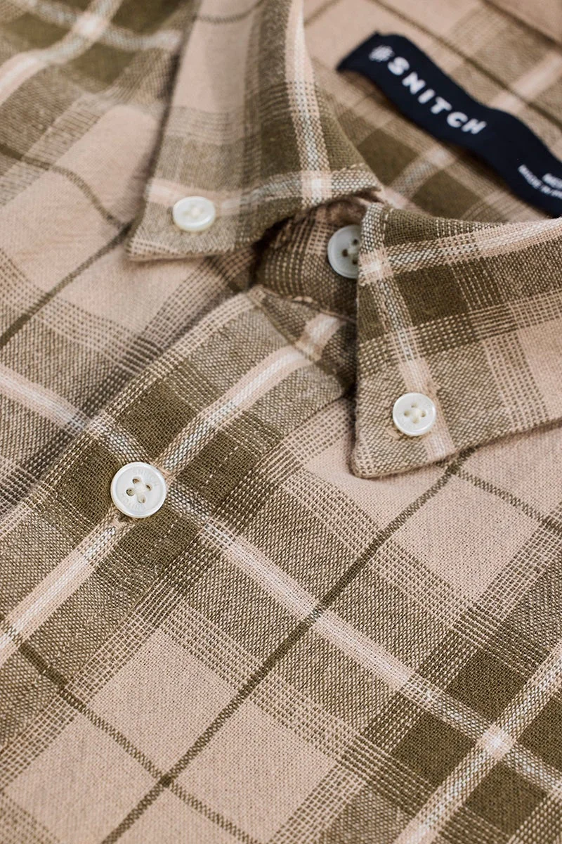 سنيتش Beige Checkered Long Sleeve Slim Fit Shirt