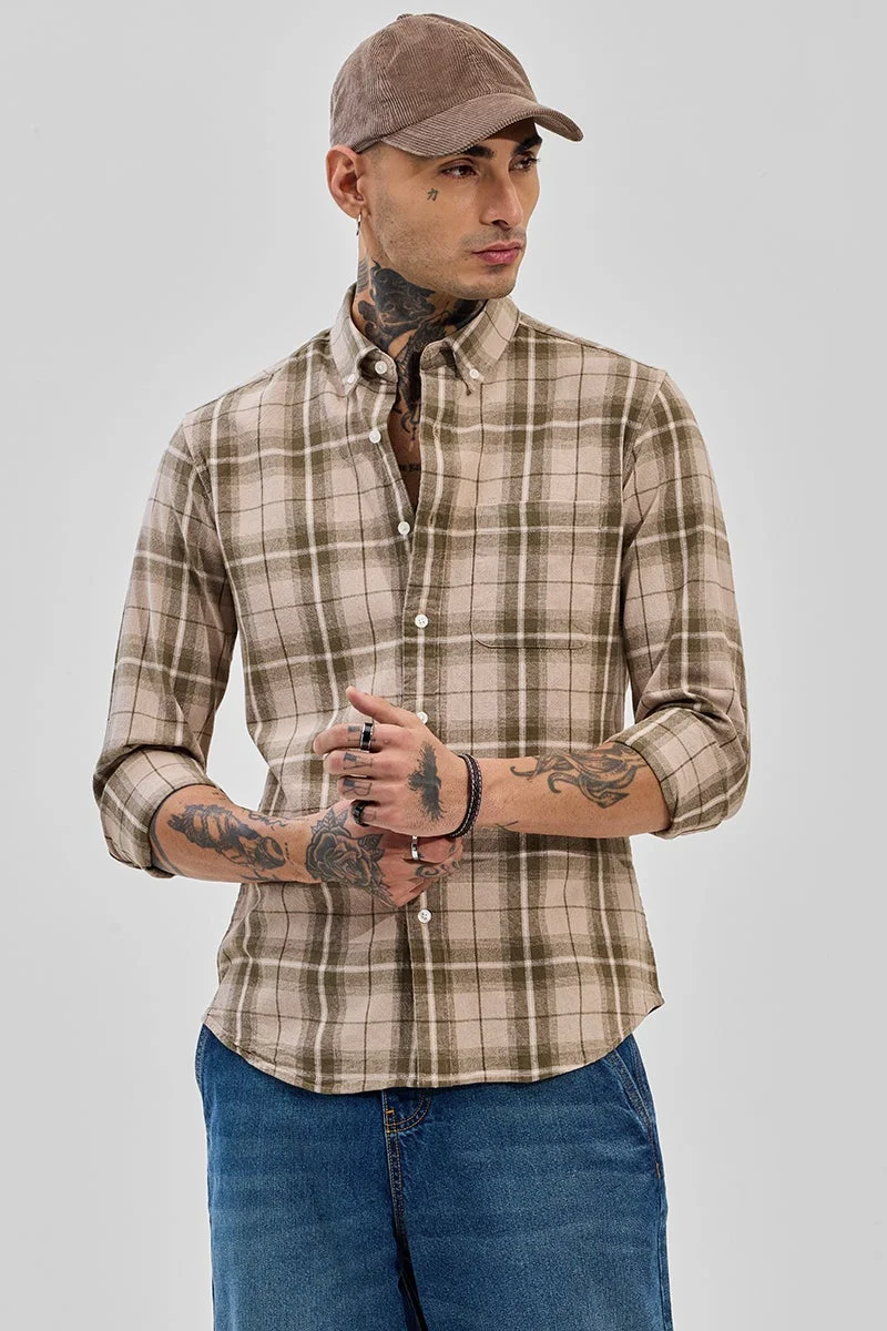 سنيتش Beige Checkered Long Sleeve Slim Fit Shirt