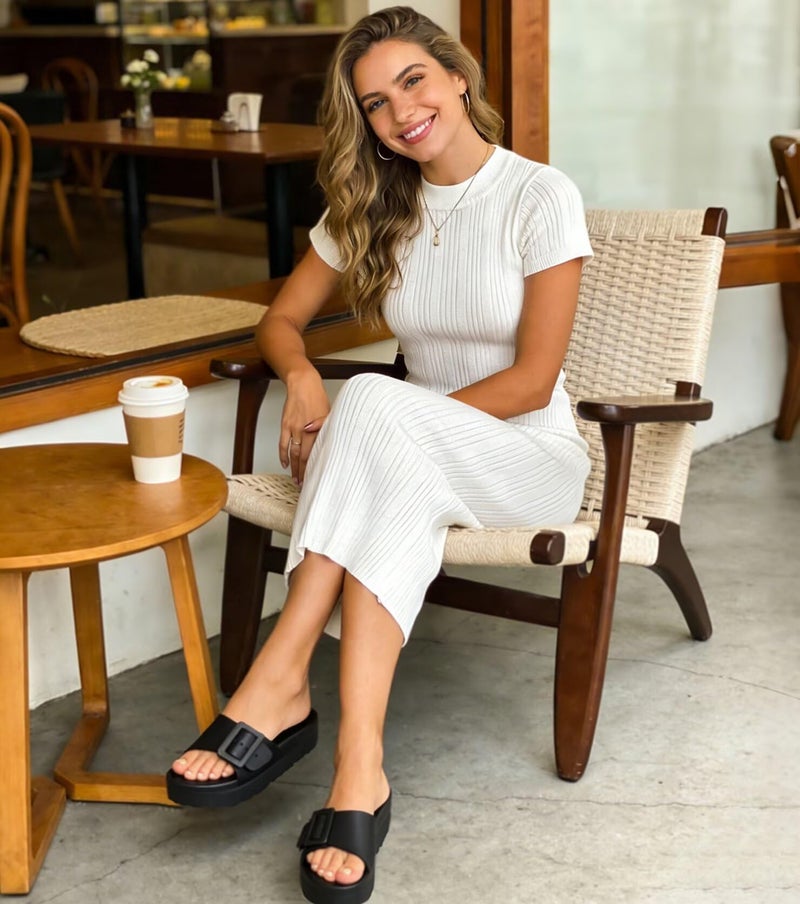 Haifago Women's Black Platform Sandals with Arch Support, Adjustable Single Buckle Slides Comfort EVA Sandal Lightweight Thick Soles - Image 3