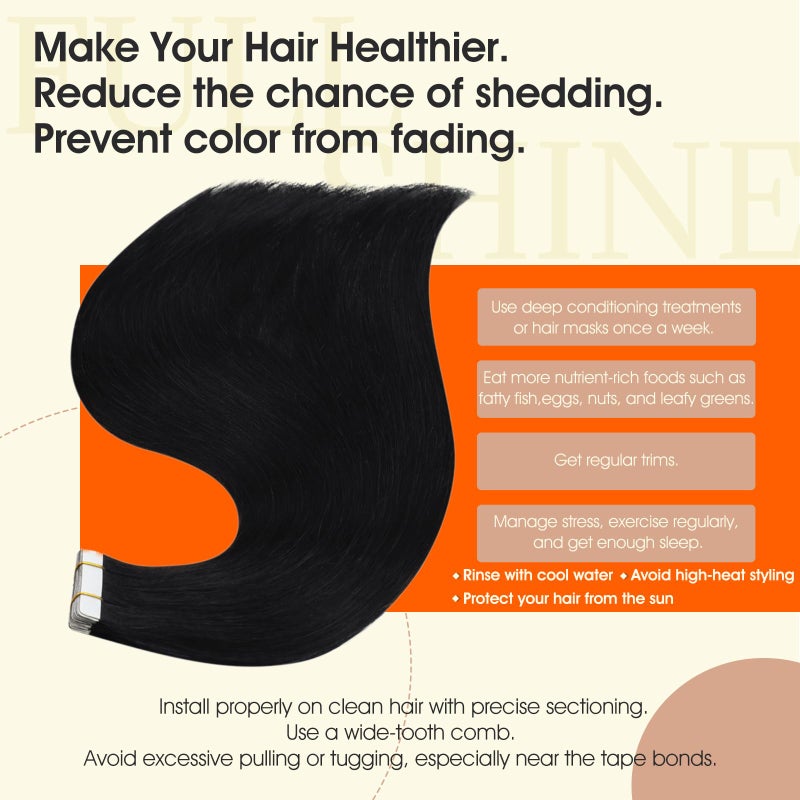 Full Shine Black Tape in Hair Extensions Human Hair Remy Seamless Human Hair Tape Extensions 26Inch Double Sided Tape ins Human Hair Extensions for Women Straight Black Hair Extension 50G 20Pcs - Image 3
