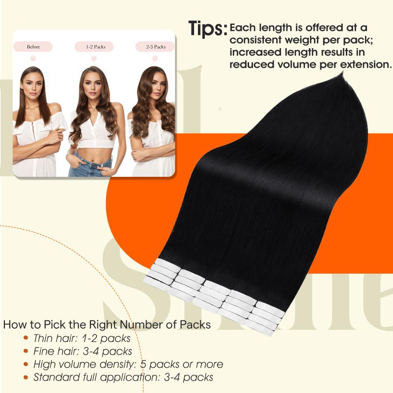 Full Shine Black Tape in Hair Extensions Human Hair Remy Seamless Human Hair Tape Extensions 26Inch Double Sided Tape ins Human Hair Extensions for Women Straight Black Hair Extension 50G 20Pcs - Image 4